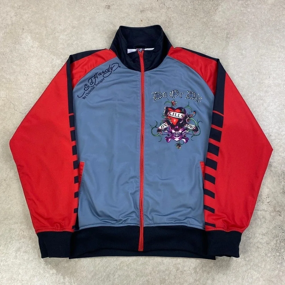 Vintage Y2K Ed Hardy Jacket Size XXL Gray Red Full Zip Christian Audigier Skull